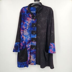 Calessa Long Sleeve Tunic Top Womens Size 2X Black Colorful Button Front Art